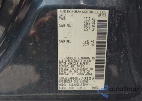 2016 Nissan Altima 2.5/2.5 S/2.5 Sl/2.5 Sr/2.5 Sv z USA, uszkodzony, nr VIN 1N4AL3AP1GN370109